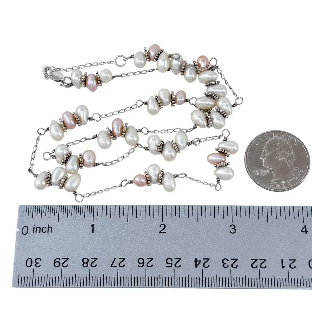 Vintage Sterling Silver 925 Freshwater Pearl Station Necklace 20